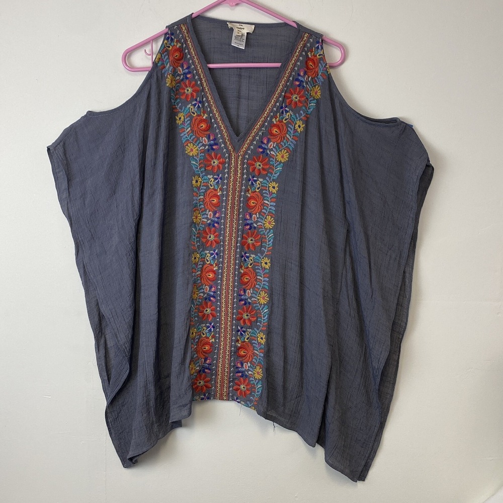 Entro Womens Blue Floral Embroidered Cold Shoulder Poncho Blouse Top T10338 S